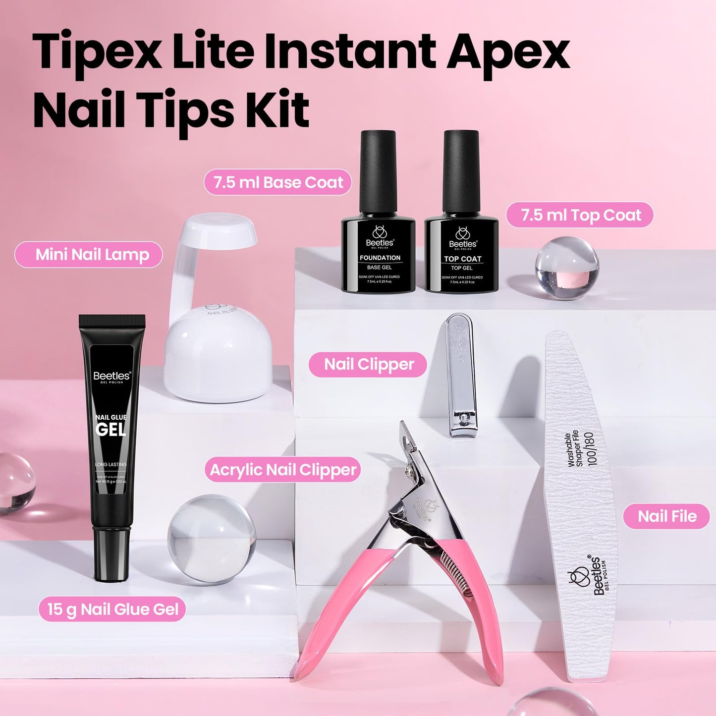 Beetles Tipex Lite Apex Nail Tips Kit, Short Almond, 192pcs 16 Sizes,with Solid Nail Glue, Base & Top Coat, Mini UV Lamp, Nail Clipper & Cuticle Nipper, for DIY Salon-look Extensions Kit