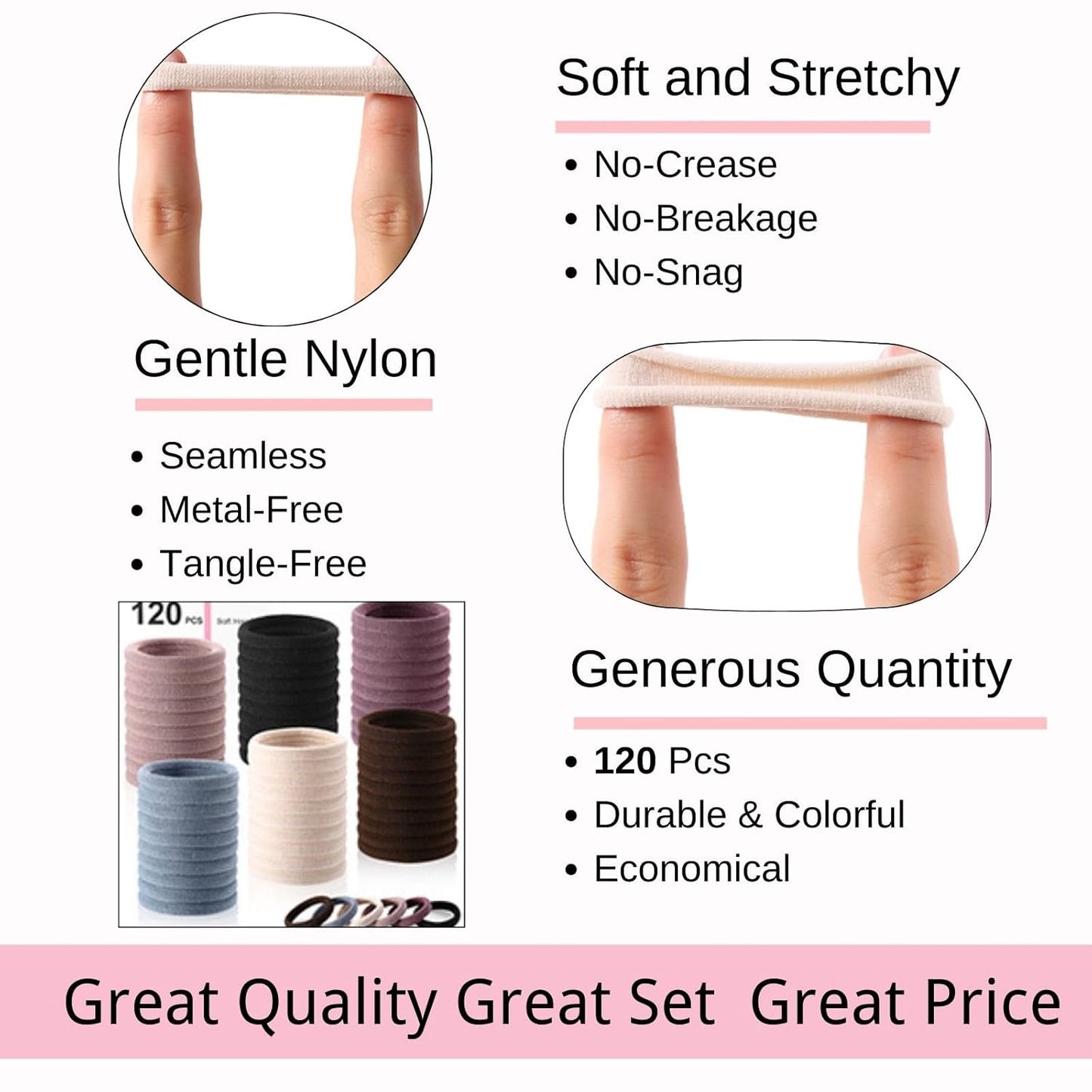 LuSeren 120PCS Soft Hair Ties - Ouchless Nylon Ponytail Holders | Seamless Fabric, Natural Colors