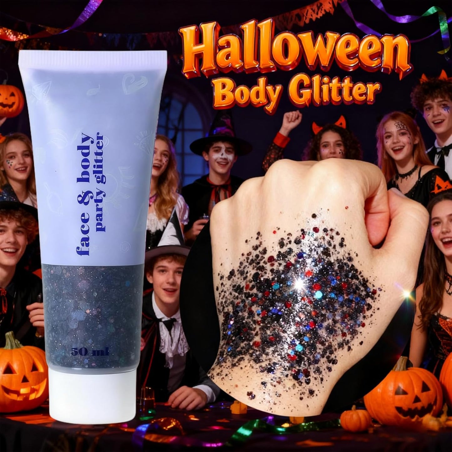 Black Glitter Gel - Chunky Holographic Hair Glitter Stick for Kids & Women | Waterproof Face, Body & Nail Sequins for Halloween, Cosplay & Festivals