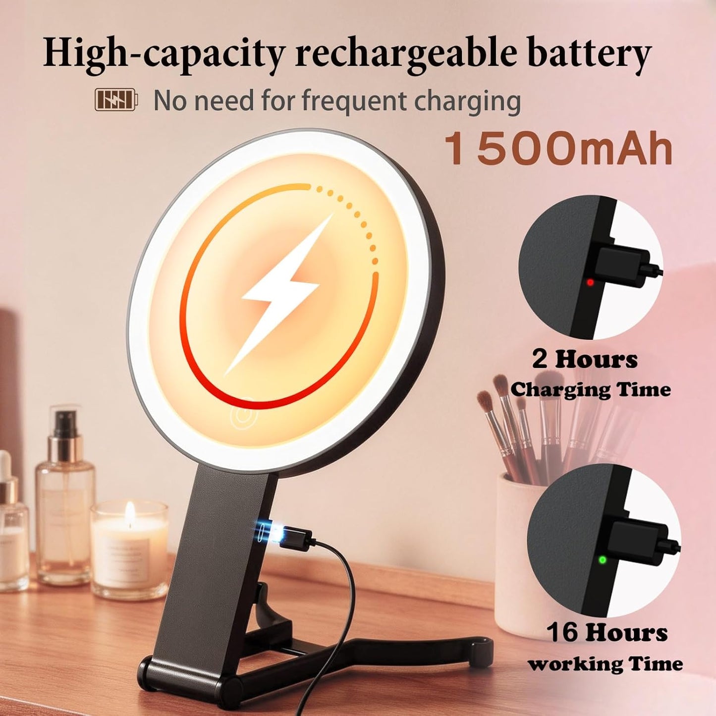 Double-Sided Makeup Mirror with Lights - 20X/1X Magnification, 3 Color Lighting, Adjustable Brightness | Portable Handheld for Travel & Desktop (Black)