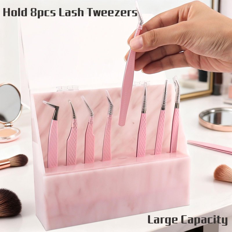 Mekupeu 8 Holes Dust proof Tweezer Storage Rack,Acrylic Tweezer Display Stand Holder Eyelash Extension Supplies Lash Accessories Tools (Marble Pink)