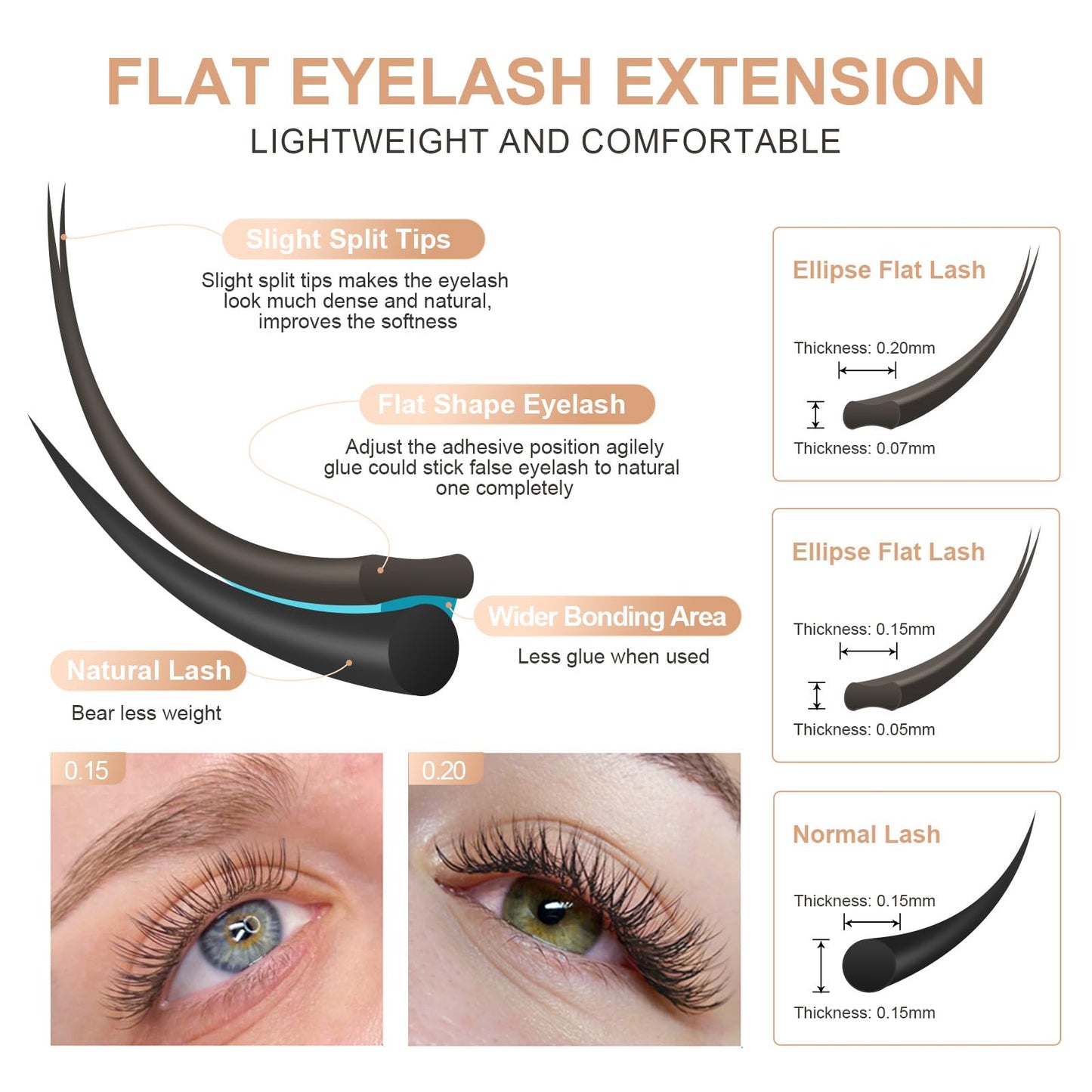 NAGARAKU Double Tips Flat Ellipse Eyelash Extensions Supplies 0.15 C curl 8-12mm Mix Natural Charcoal Color Faux Mink Super Soft Split Tips Individual Lashes