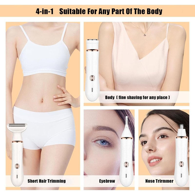 Electric Razor for Women, 4-in-1 Facial & Body Hair Trimmer with FACE, Nose, Eyebrow and Body Heads, USB-C Rechargeable, Wet/Dry Detachable Heads, Portable Grooming Set（White）