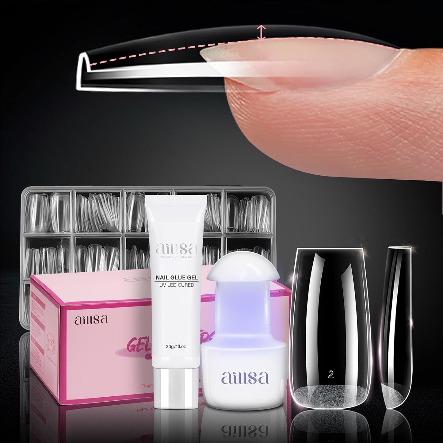 Nail Extension Kit - Medium Almond Nail Tips 224pcs | Solid Gel Glue 30g & Nail Lamp for DIY Home Salon
