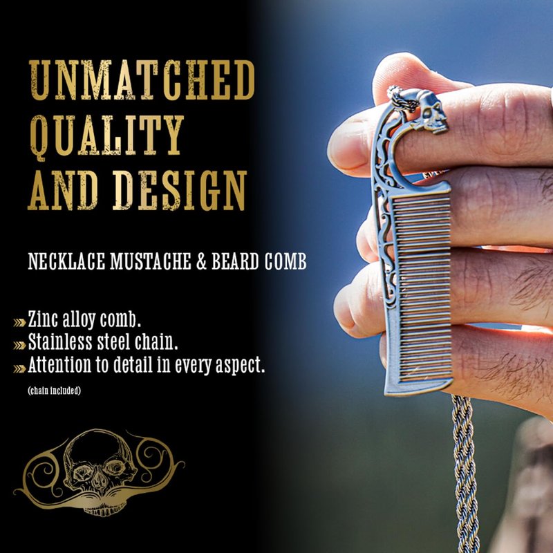 Defender Mustache Balm 1 oz Tin & Necklace Death Grip Mustache Comb Mens Combo Kit - Grooming For Men Handlebar Moustache