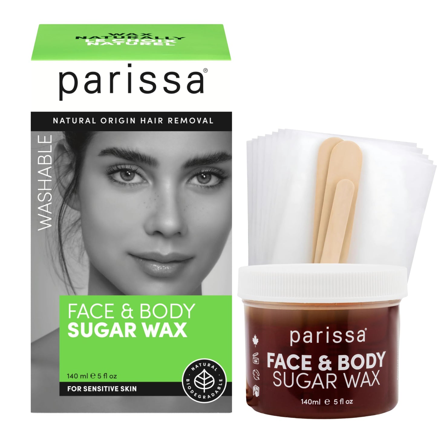 Parissa Microwavable Sugar Wax Kit for Face & Body, Organic Hair Removal Wax for Fine to Medium Hair, Water-Washable with Reusable Strips, (5 fl oz)