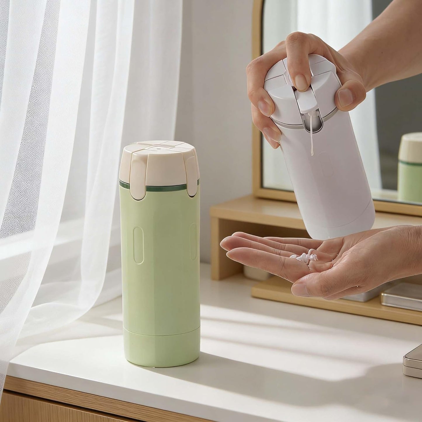 Travel Dispenser Bottle Set - 4 in 1 Leak-Proof 30ML Toiletry Containers | Portable Pump with Scale & Labels for Shampoo & Shower Use