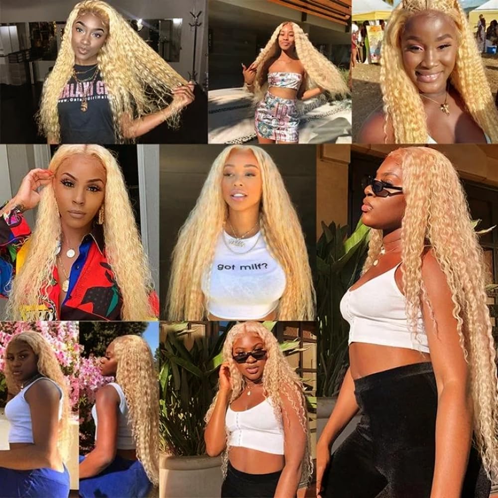 WuvuSnm Blonde Bundle 613 Deep Wave Human Hair 3 Bundles 12 14 16 inch P27/613 Human Hair Bundles Blonde Deep Wave Bundle