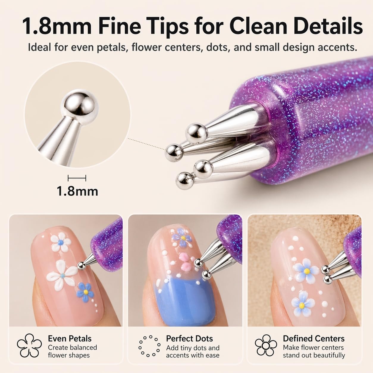 4 Pack 5 Petal Flower Nail Dotting Pen, 1.8mm Fine Tip One Stroke Flower Design Tool, Glitter Handle Nail Art Dotting Tool for DIY Manicure, Rhinestones, Sculpting, Salon