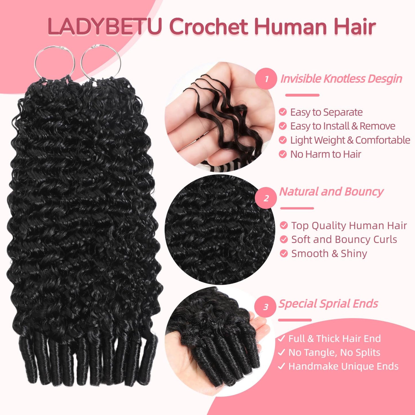 LADYBETU Feather Crochet Human Hair Knotless Invisible 60g, Pre-Separated Lightweight Burmese Curly Crochet Hair 16 Inch, Reusable Miracle Knots Crochet Human Hair for Black Women