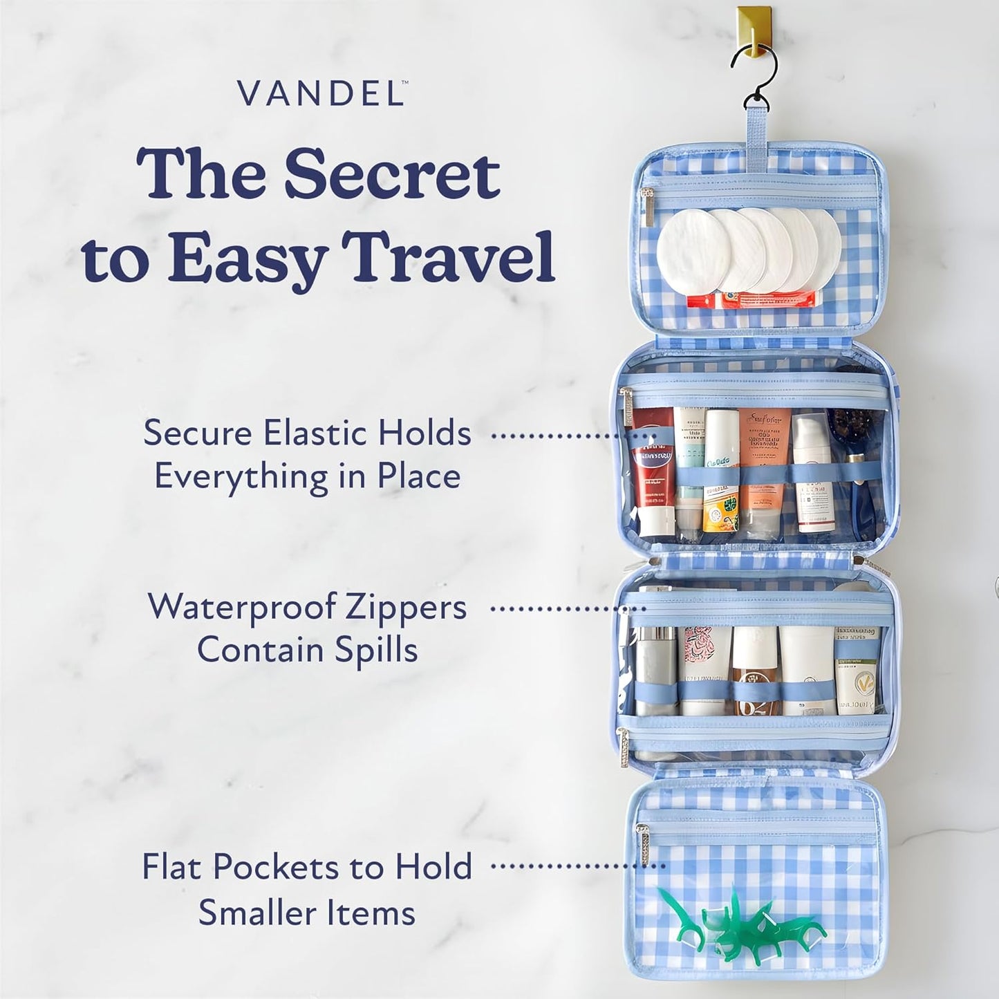 Waterproof Hanging Toiletry Bag - TSA-Approved Makeup Organizer | Blue Gingham Travel Cosmetic Case