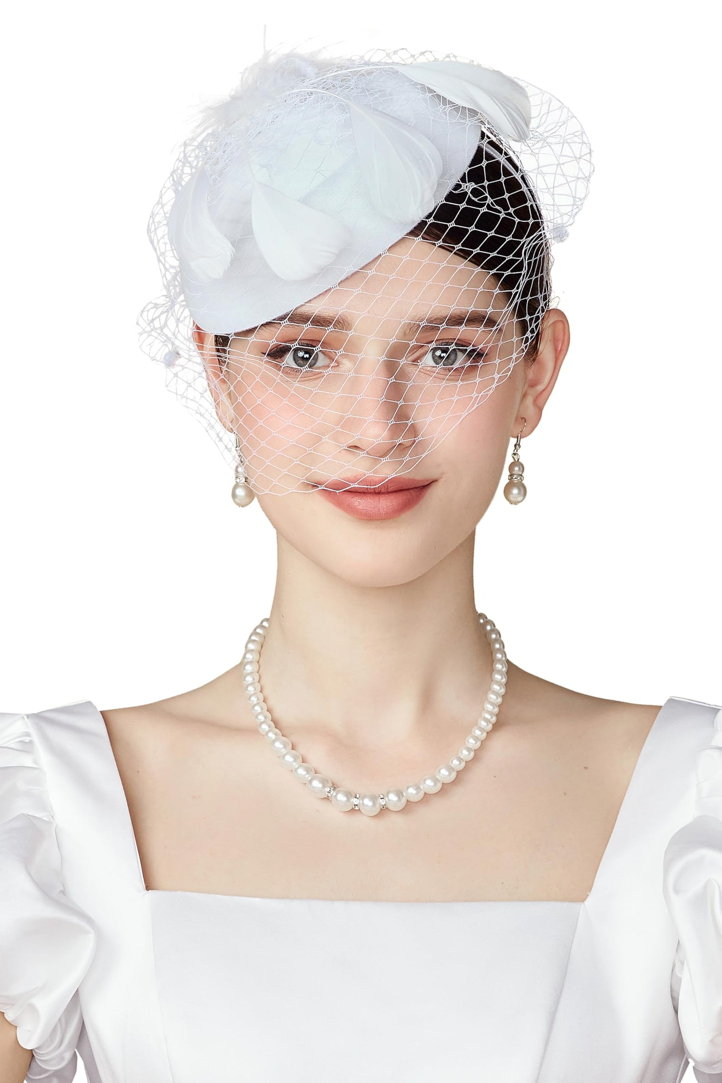 BABEYOND Fascinator Hat Veil Feather Fascinators Hair Clip Tea Party Pillbox Derby Hat Fascinator Bridal Wedding White