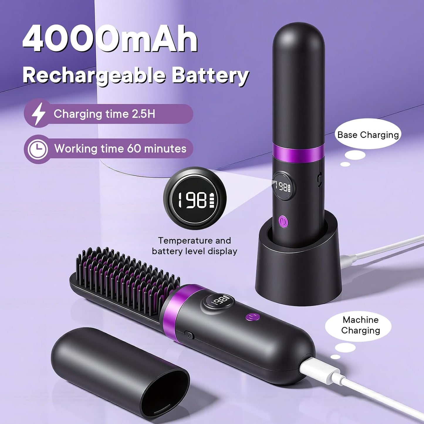 Go Brush Pro Cordless Hair Straightener Brush - Portable Ionic Hot Comb with Infrared Light | 3 Temperature Settings for Travel Use