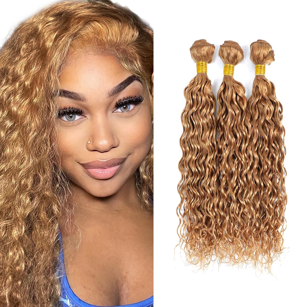 Honey Blonde Bundles Human Hair #27 Water Wave Bundles 12 14 16 inch Blonde Wet and Wavy Bundle 150g