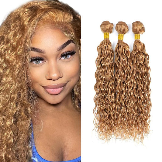 Honey Blonde Bundles Human Hair #27 Water Wave Bundles 12 14 16 inch Blonde Wet and Wavy Bundle 150g