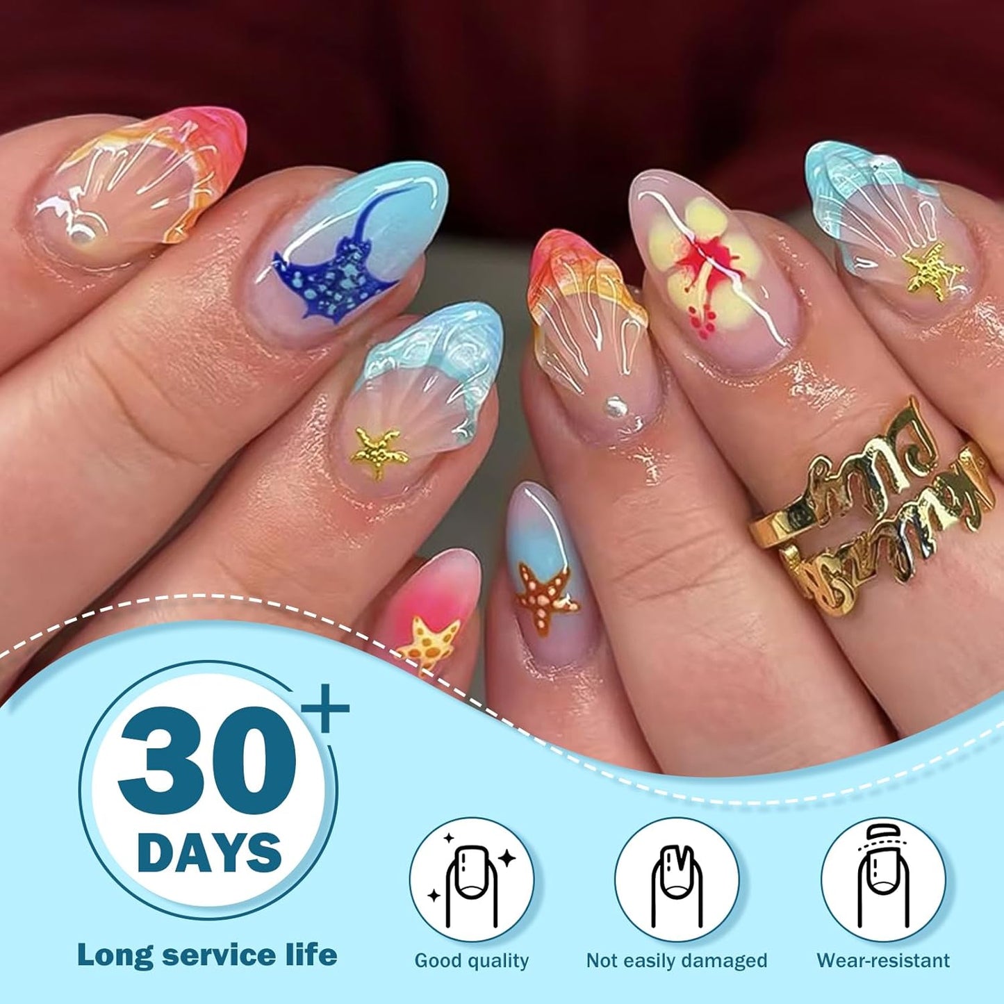 Colorful Summer Press-On Nails - Medium Almond Blue Ocean & Fish Designs | 30PCS Glossy Beach Nails for Women