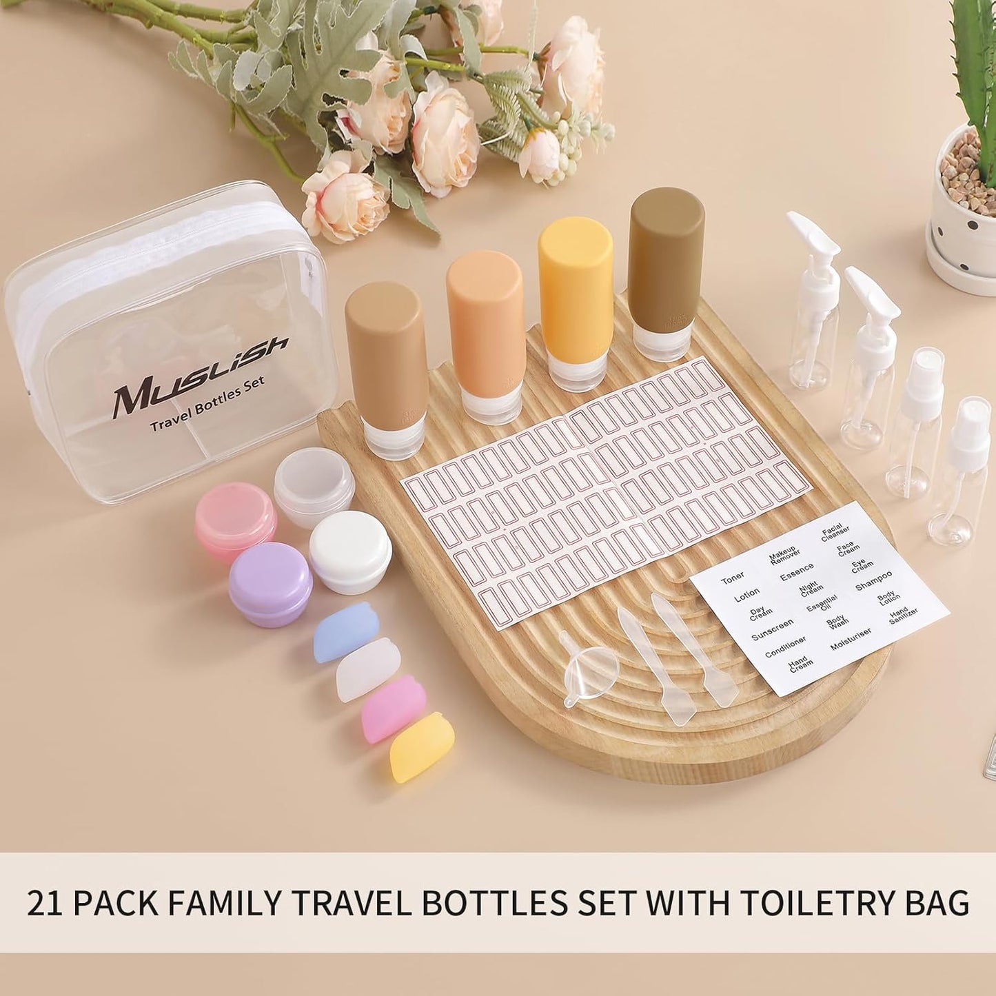 Travel Bottles for Toiletries - 21 Pack Leak-Proof TSA Compliant Silicone Containers | BPA Free with Toiletry Bag (Apricot)