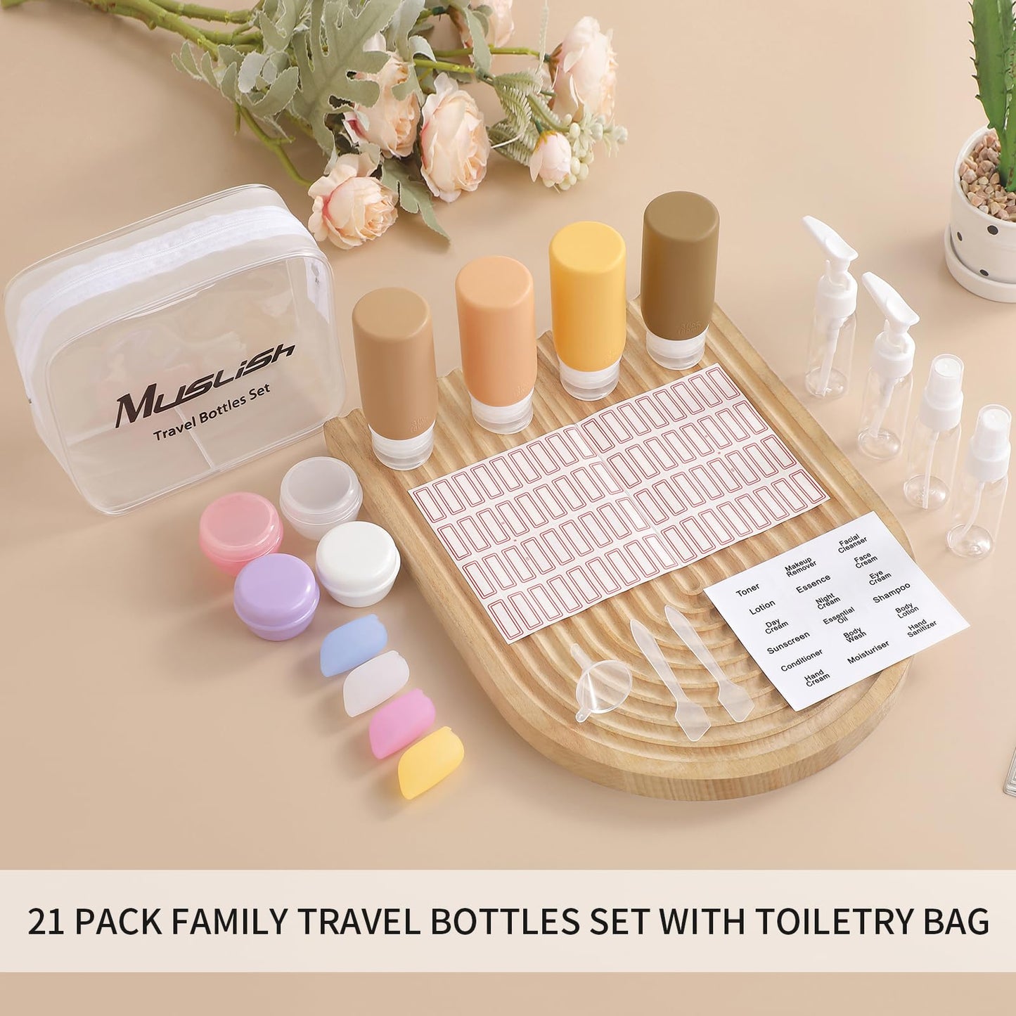 Muslish 21 Pack Travel Bottles for Toiletries, Leak-Proof TSA Compliant Silicone Travel Size Containers for Shampoo and Conditioner, BPA Free with Toiletry Bag (Apricot)