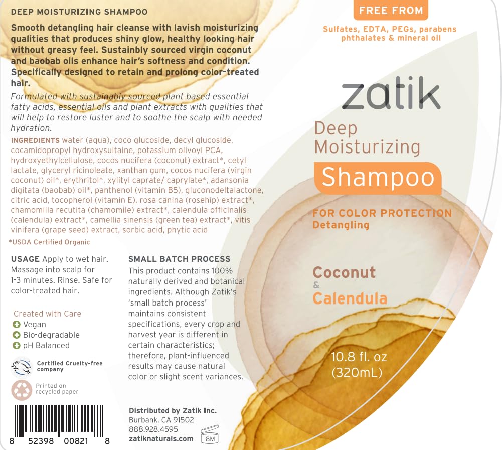 Zatik Naturals - Deep Moisturizing Shampoo + Conditioner Set - Coconut & Calendula, for Colored, Dry damaged Hair, Biodegradable, pH Balanced, FREE from Parabens, fragrances, 10.8 fl oz (One of Each)