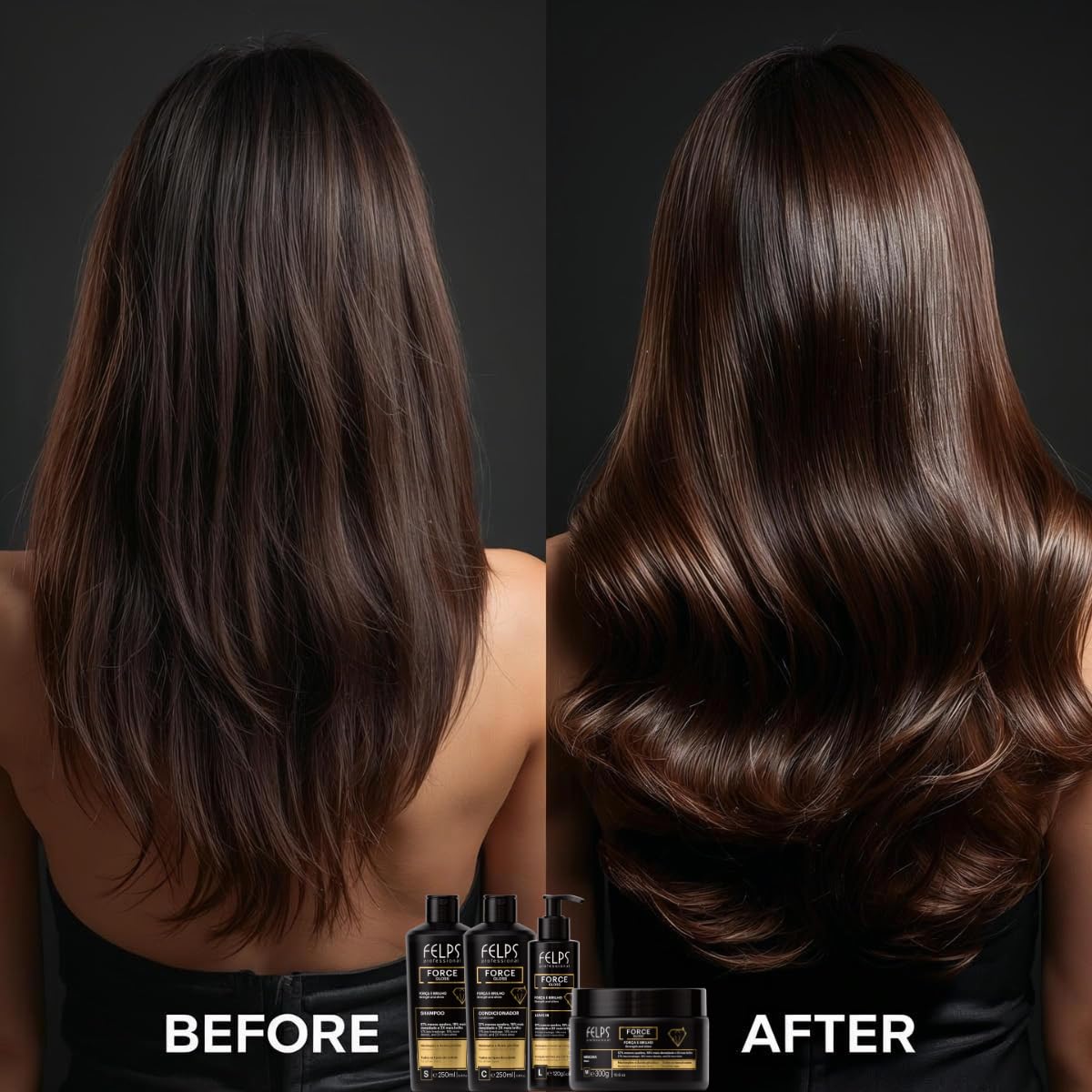 Kit Felps Professional Force Gloss Hair Care Set, Strengthening Shampoo and Conditioner with Marineplex and Glycolic Acid, Black, 250ml, 2-Pack