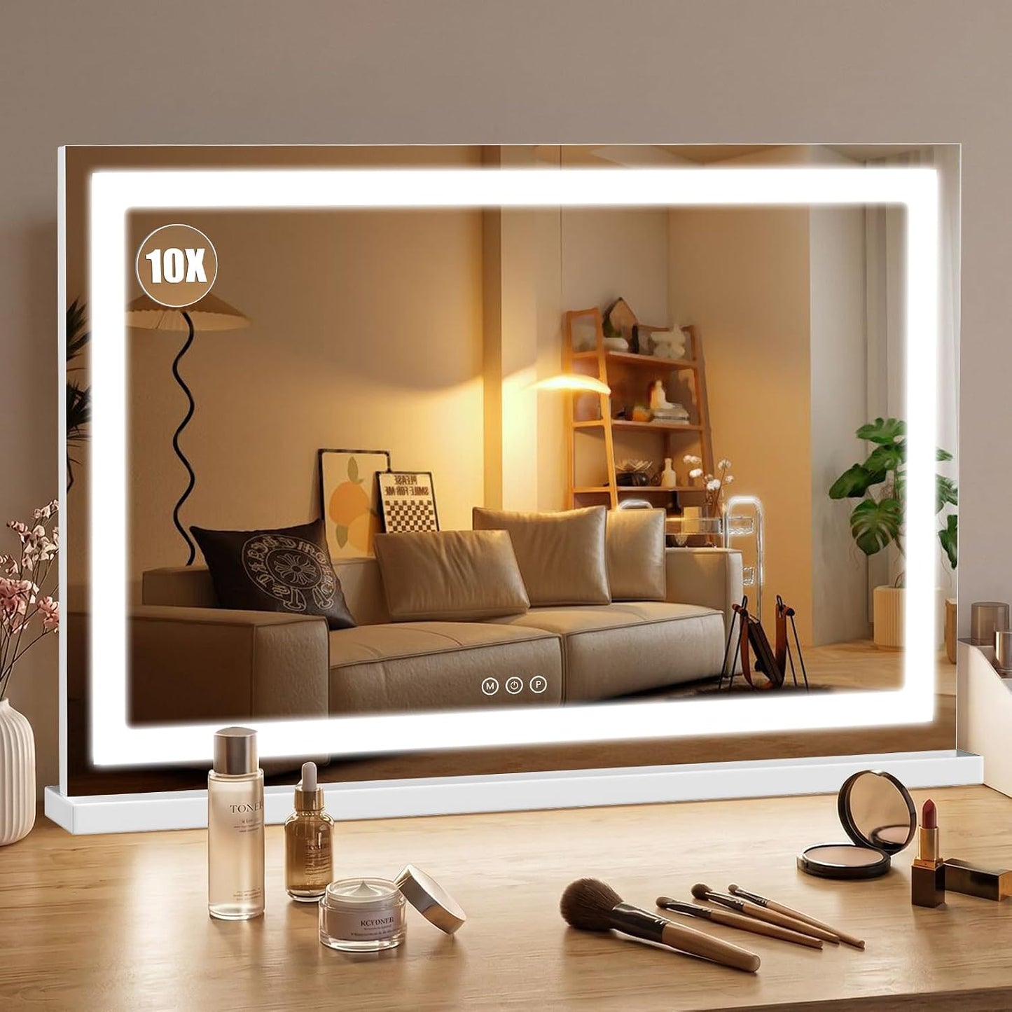 LED Makeup Mirror with Lights - 15" x 12.2" Dimmable Vanity Mirror with Smart Touch & 3-Color Lighting | 360° Rotation, White