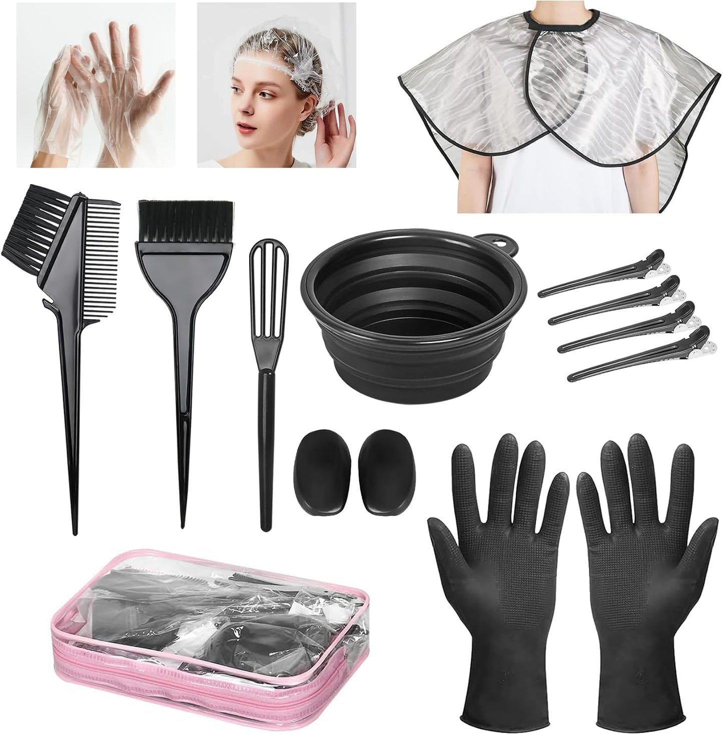 Hair Coloring Kit - 8 Professional Dye Tools for Home Salon Use | Bowl, Brush, Comb, Clips, Gloves, Shower Cap - Reusable Supplies (Black)