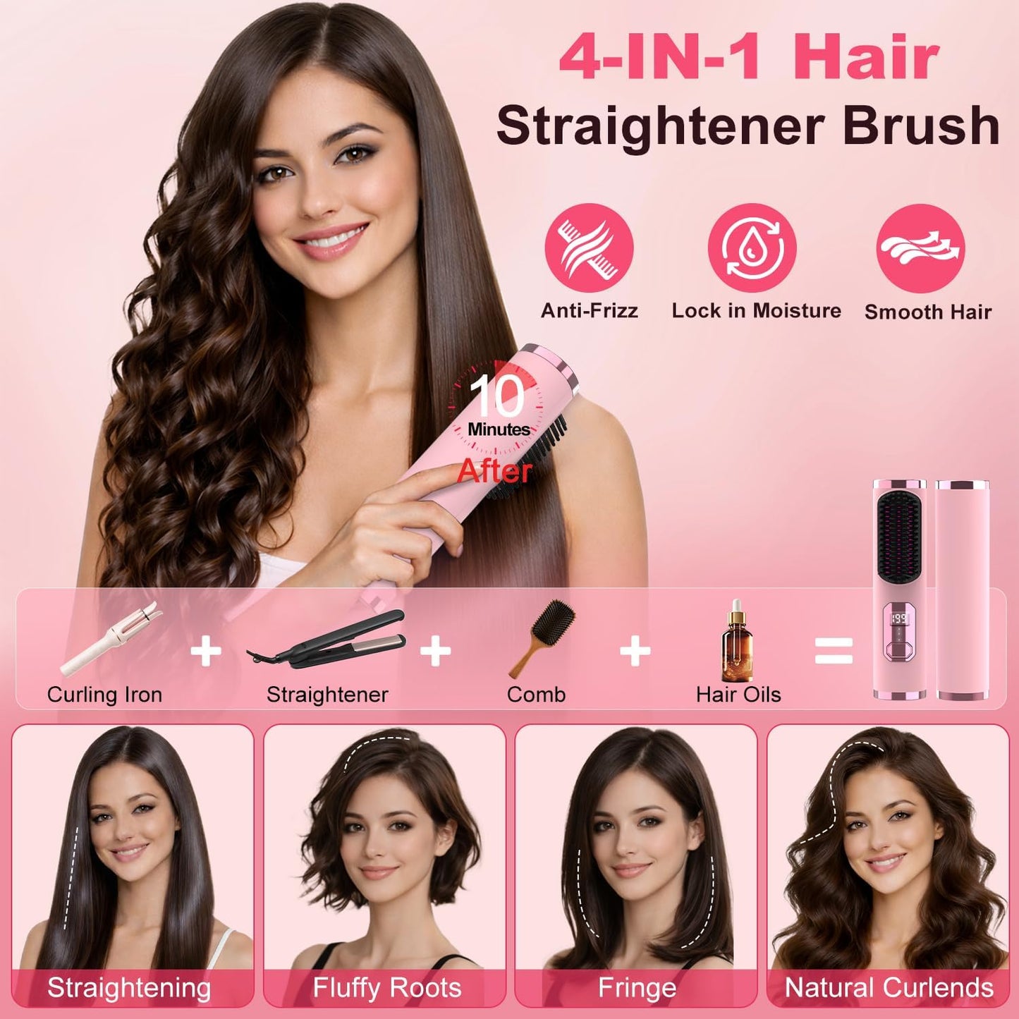 Cordless Hair Straightener Brush - Portable 4-in-1 Ionic Straightening Tool | Fast Heating, Anti-Scald, LED Display