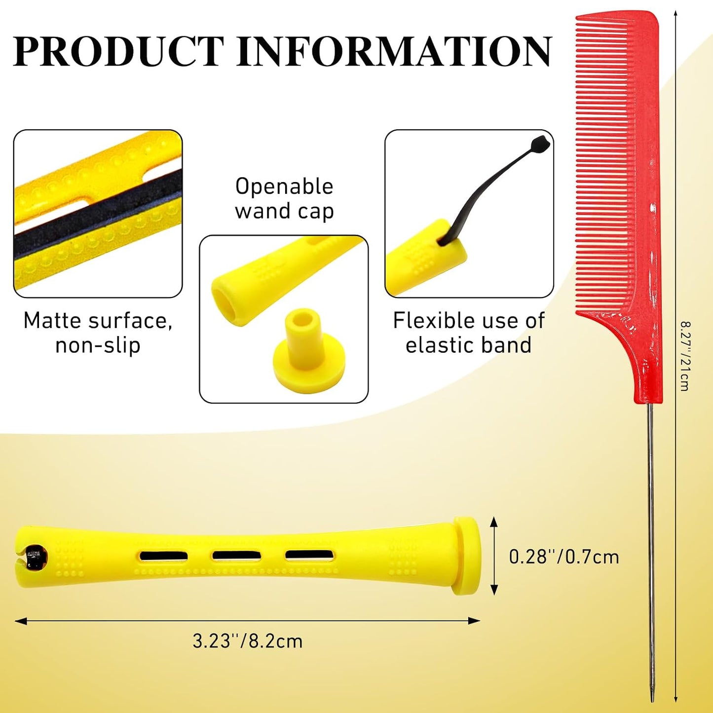 Small Perm Rods for Long Hair - 48 Pcs Heatless Curling Rollers with Rat Tail Combs | Yellow 0.28 x 3.23 Inch
