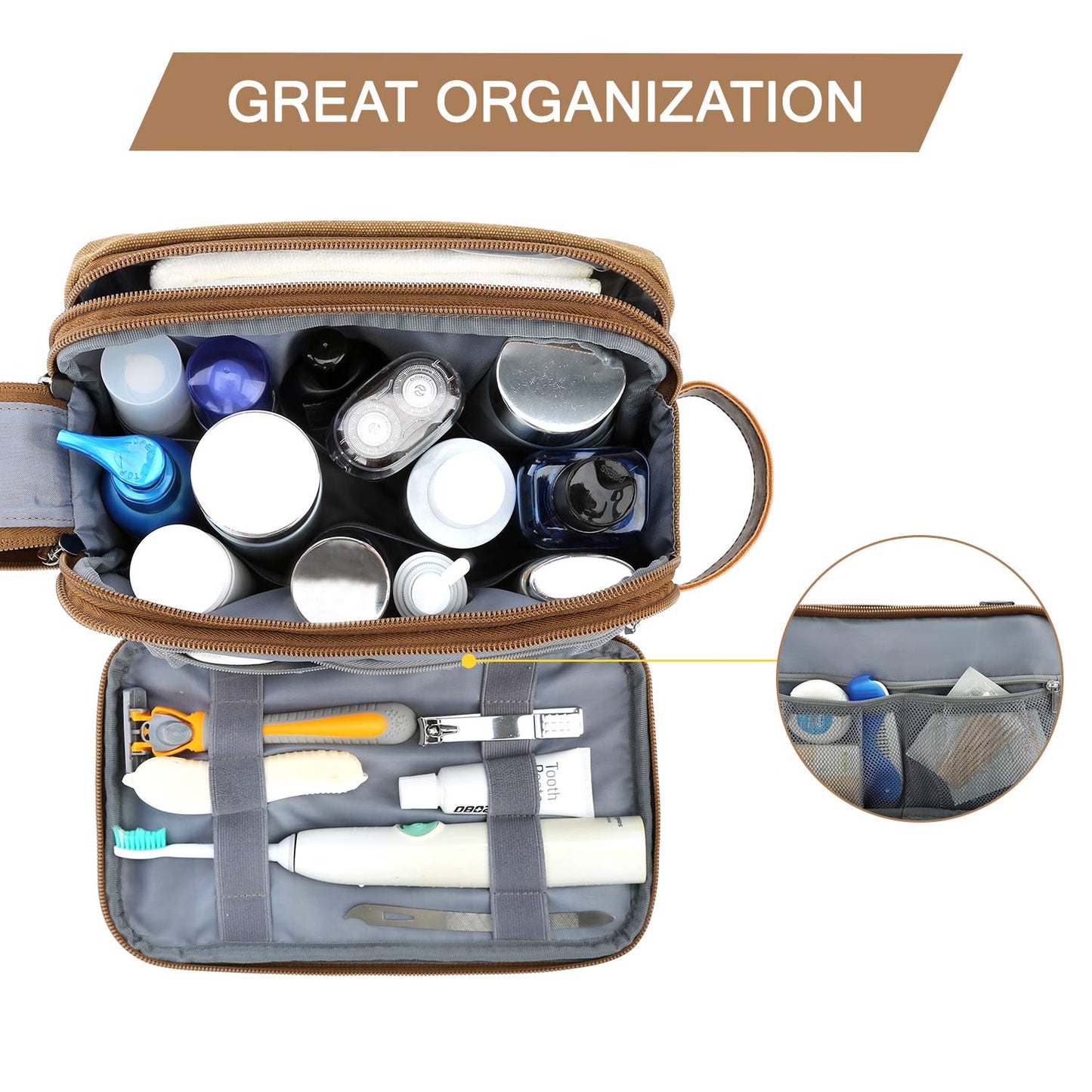 BAGSMART Toiletry Bag for Men, Canvas Travel Toiletry Organizer Dopp Kit Water-resistant Shaving Bag for Toiletries Accessories,Khaki-Medium