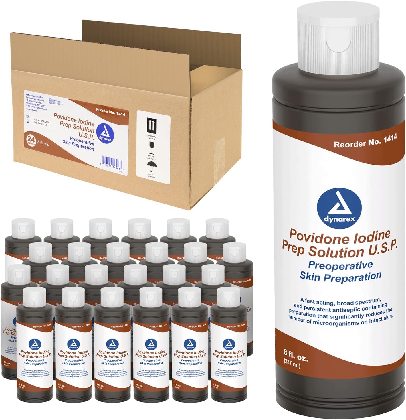 Povidone-Iodine Prep Solution - Antiseptic for Skin & Mucosa | 10% Iodine, 24 Bottles of 8 fl. oz.