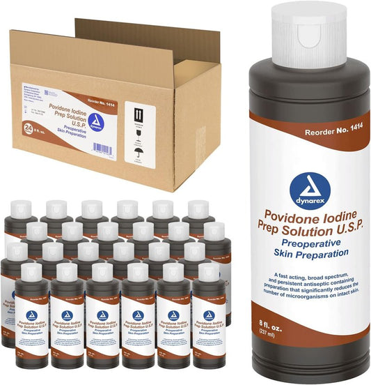 Povidone-Iodine Prep Solution - Antiseptic for Skin & Mucosa | 10% Iodine, 24 Bottles of 8 fl. oz.