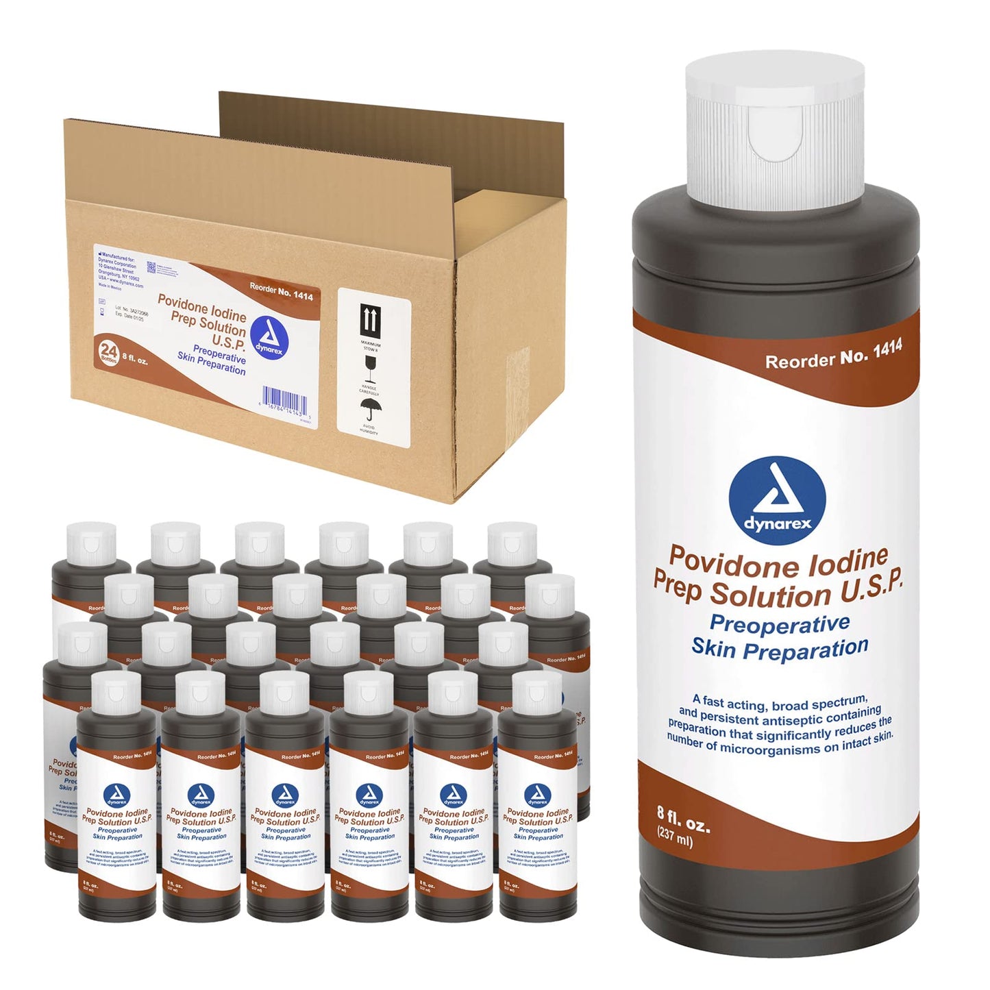 Dynarex Povidone-Iodine Prep Solution, Antiseptic Solution for Skin and Mucosa, Ideal for Surgical Site Preparation, Contains Povidone Iodine 10%,1 Case of 24 8 fl. oz.Povidone-Iodine Bottles