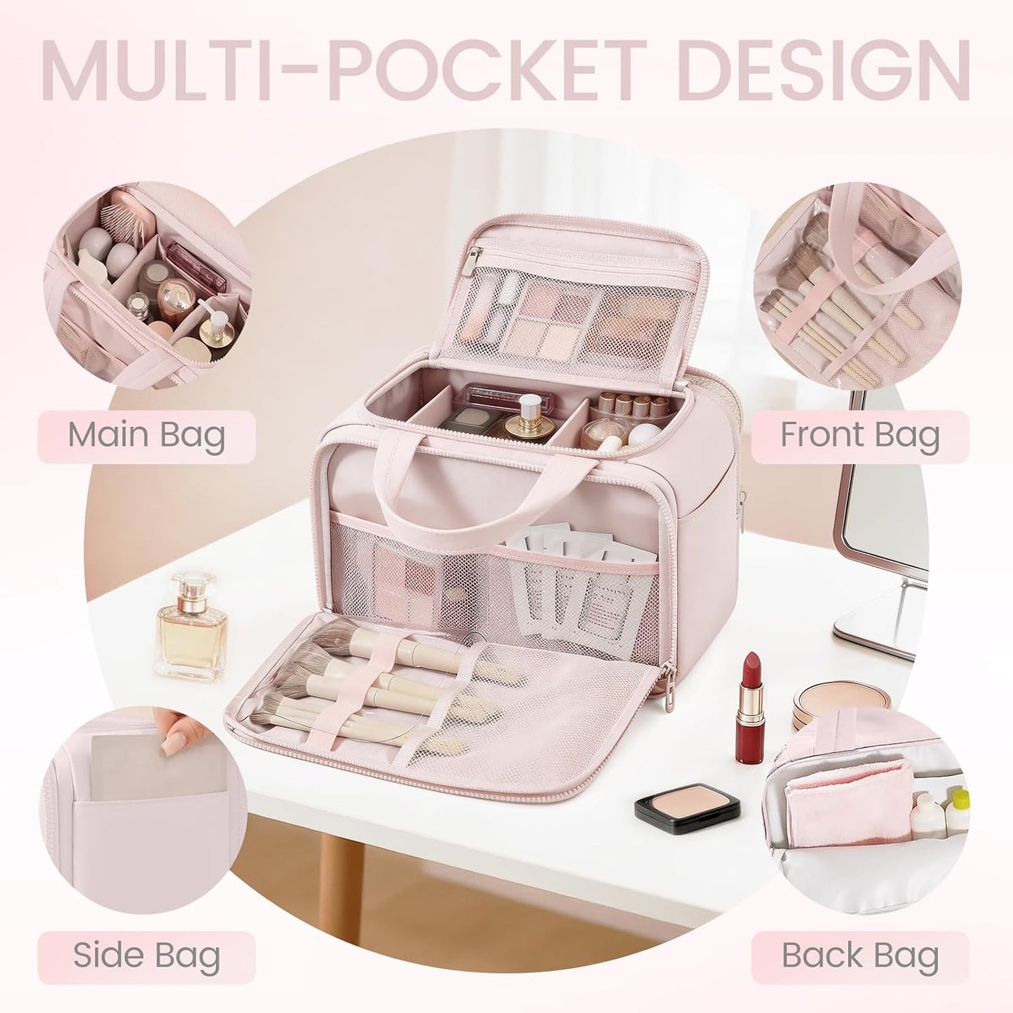 Puffy Toiletry Bag for Women - Large Travel Makeup Organizer with Adjustable Dividers | Light Pink