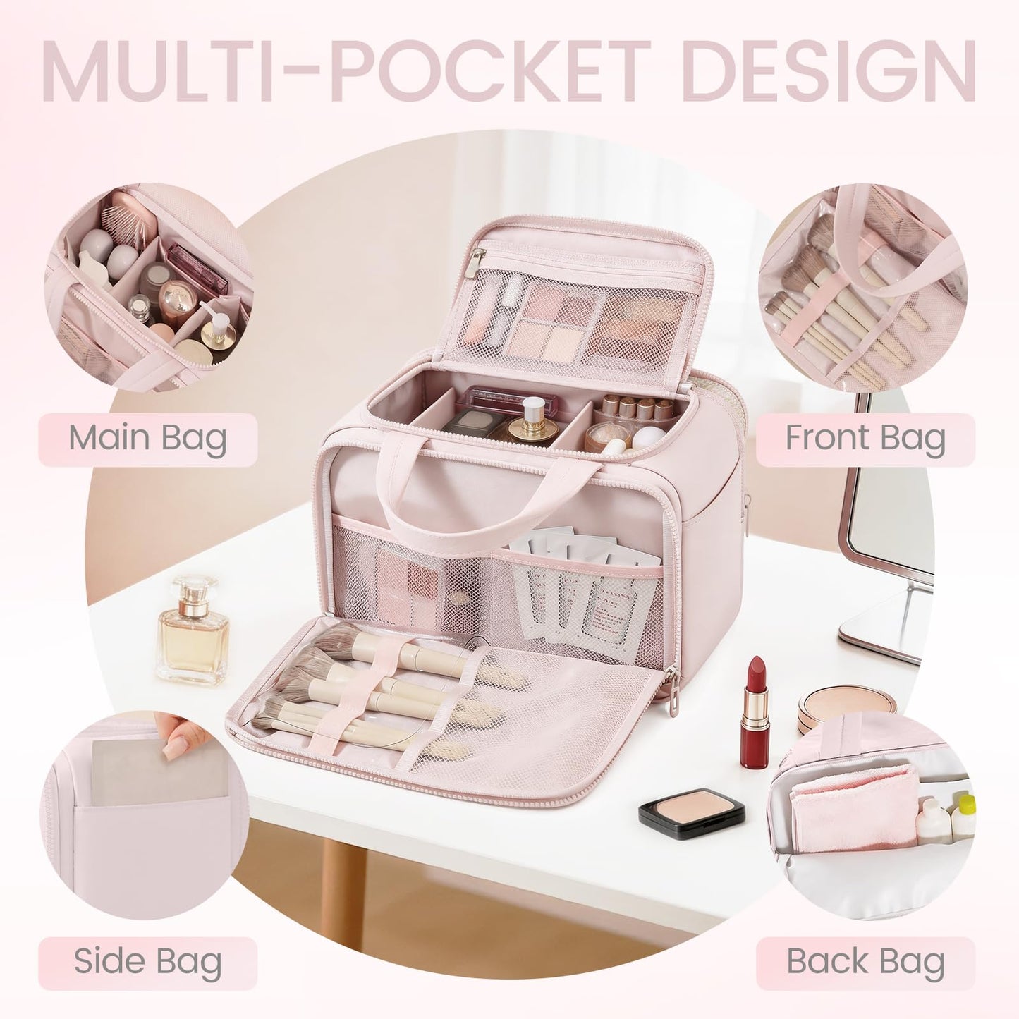 SODEER Cute Puffy Toiletry Bag for Women,Large Makeup Bag,Travel Cosmetic Bag with Adjustable Dividers & Trolley Sleeve,Toiletries Organizer,Light Pink