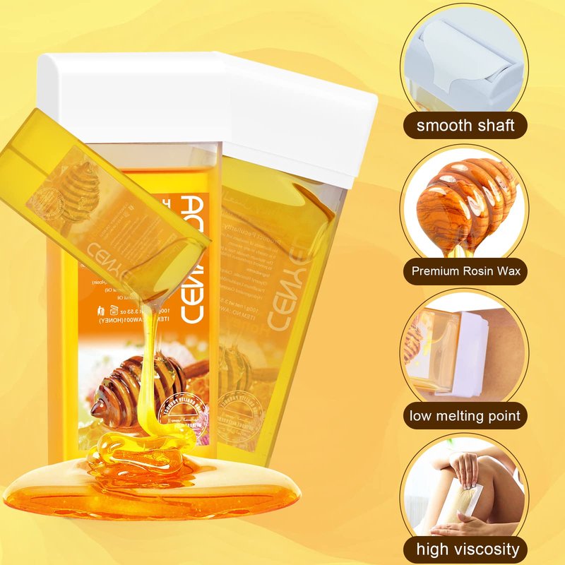 CENYEDA Roll On Wax Kit - Hair Removal Cartridges, 4 Pack Honey Rollers With 50 Strips and 20 After-Wax Treatment Wipes