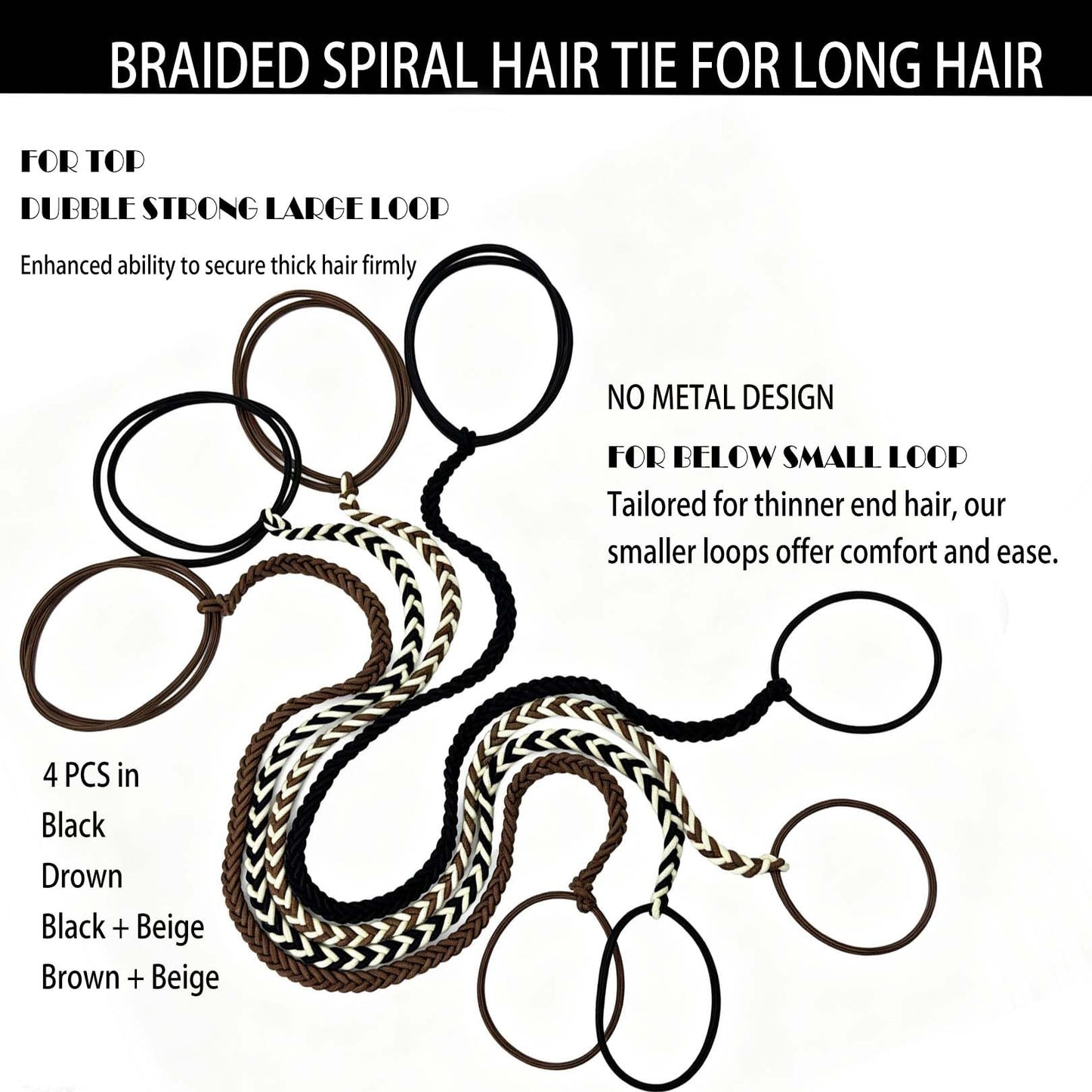 Sport Hair Ties for Women, 16" 4 Packs Soft Nylon Elastic Ponytail Holders for Thick,Curly,Fine Hair Spiral Pony Tail Wrap Tie Long Womens Accessories for Swim,Riding,Running,Workout,GYM (Brown&Black)