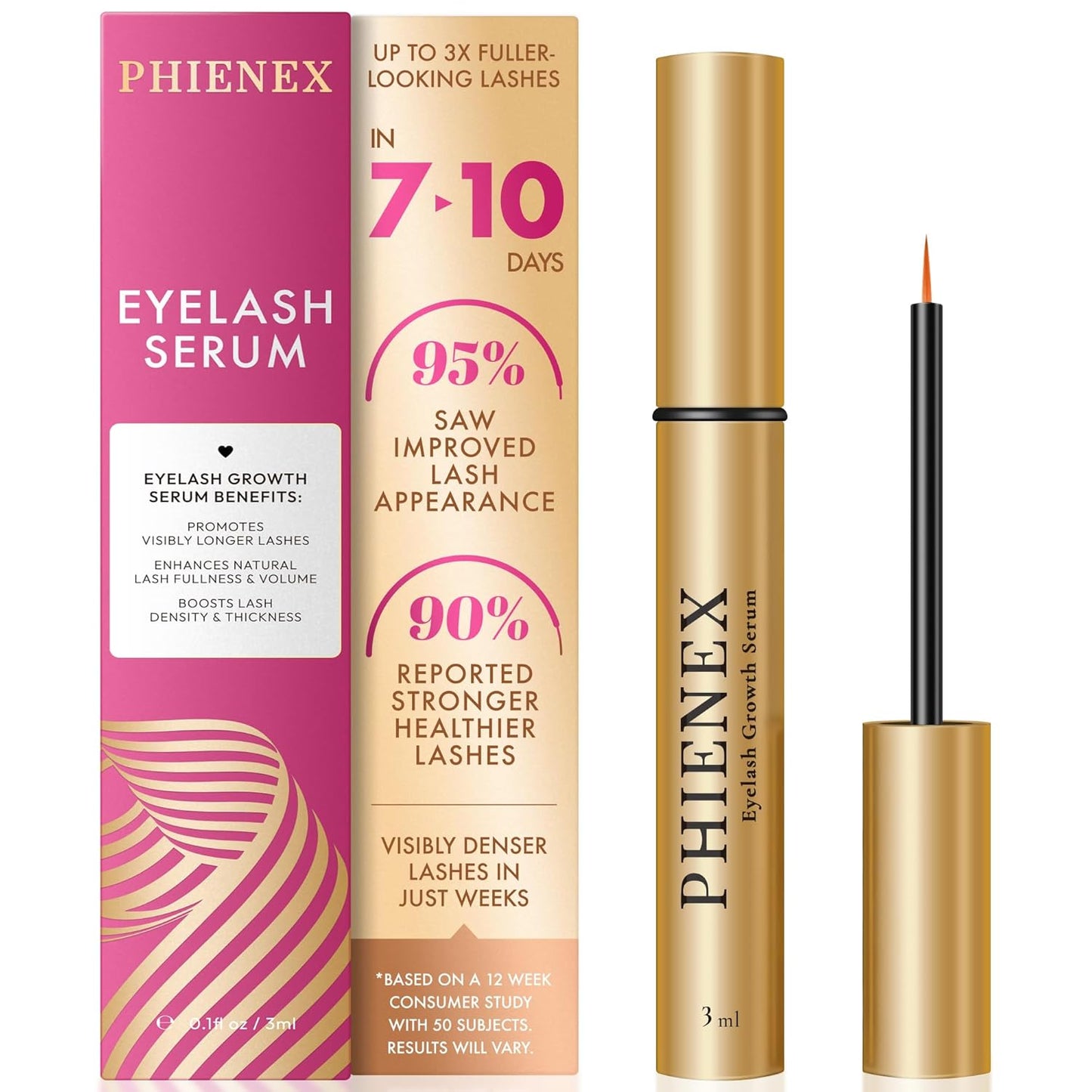 PHIENEX Eyelash Growth Serum - 7-Day Results, Vegan Botanical Peptides for Longer, Fuller Lashes | Gentle for Sensitive Eyes, 3ml