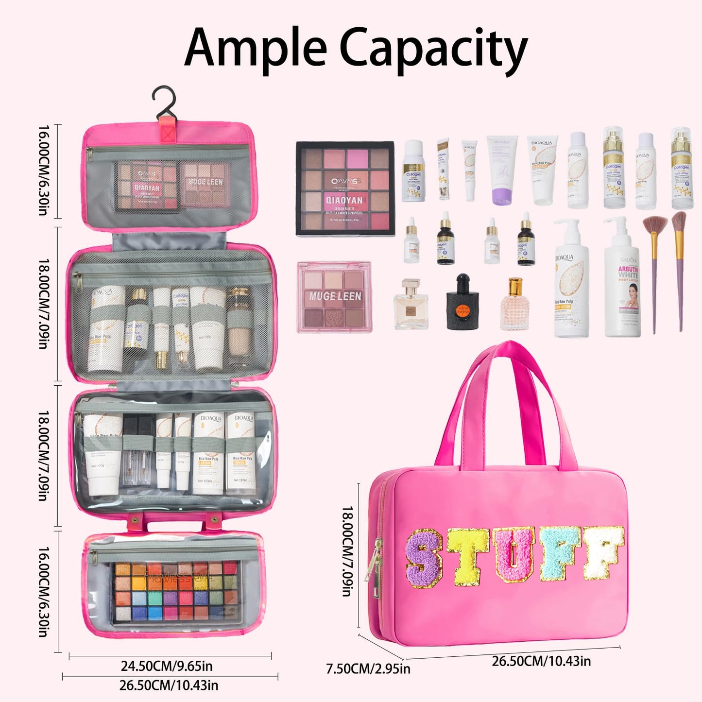 Apxouans Toiletry Bag with Hanging Hook Chenille Letter Cosmetic Bag Spacious Travel Bag Water-resistant Makeup Bag for Store Toiletries Cosmetic Accessories and Sets for Women Rose Red