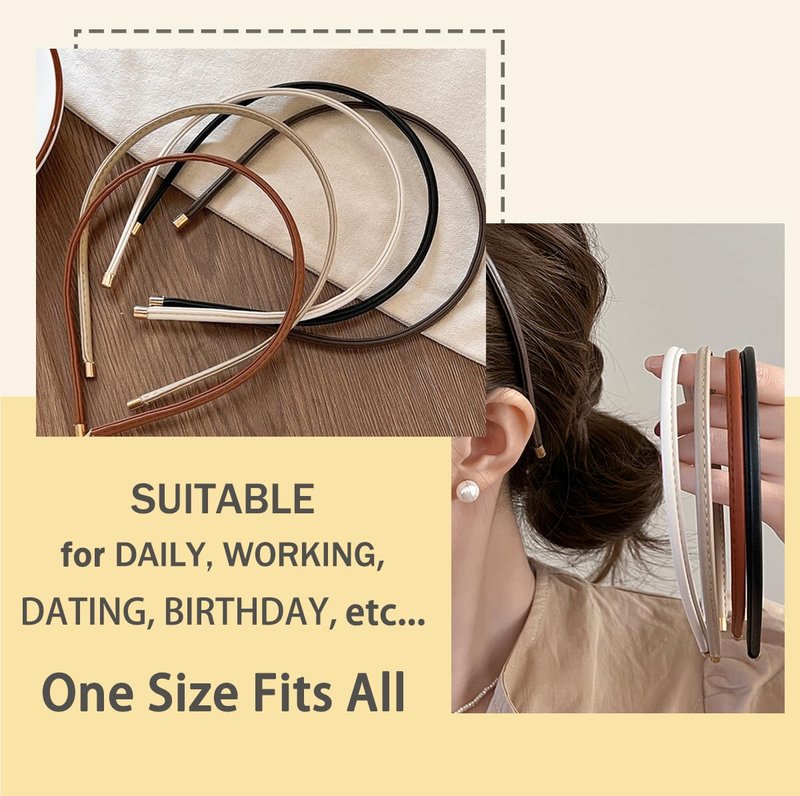 Skinny Leather Headbands for Women - Trendy No-Headache Non-Slip Hair Accessories | 5 Pcs Set (Beige/Brown/Black/White/Tan)