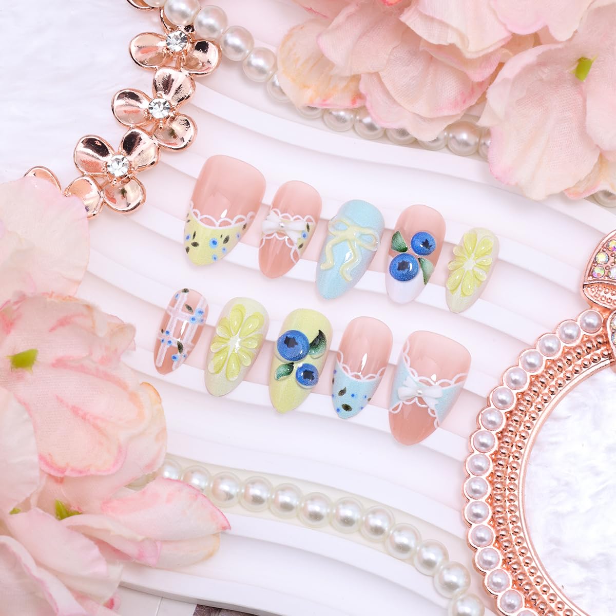 30Pcs Summer Press On Nails - Medium Almond 3D Fruit Designs | Glossy Acrylic Fake Nails for Women & Girls