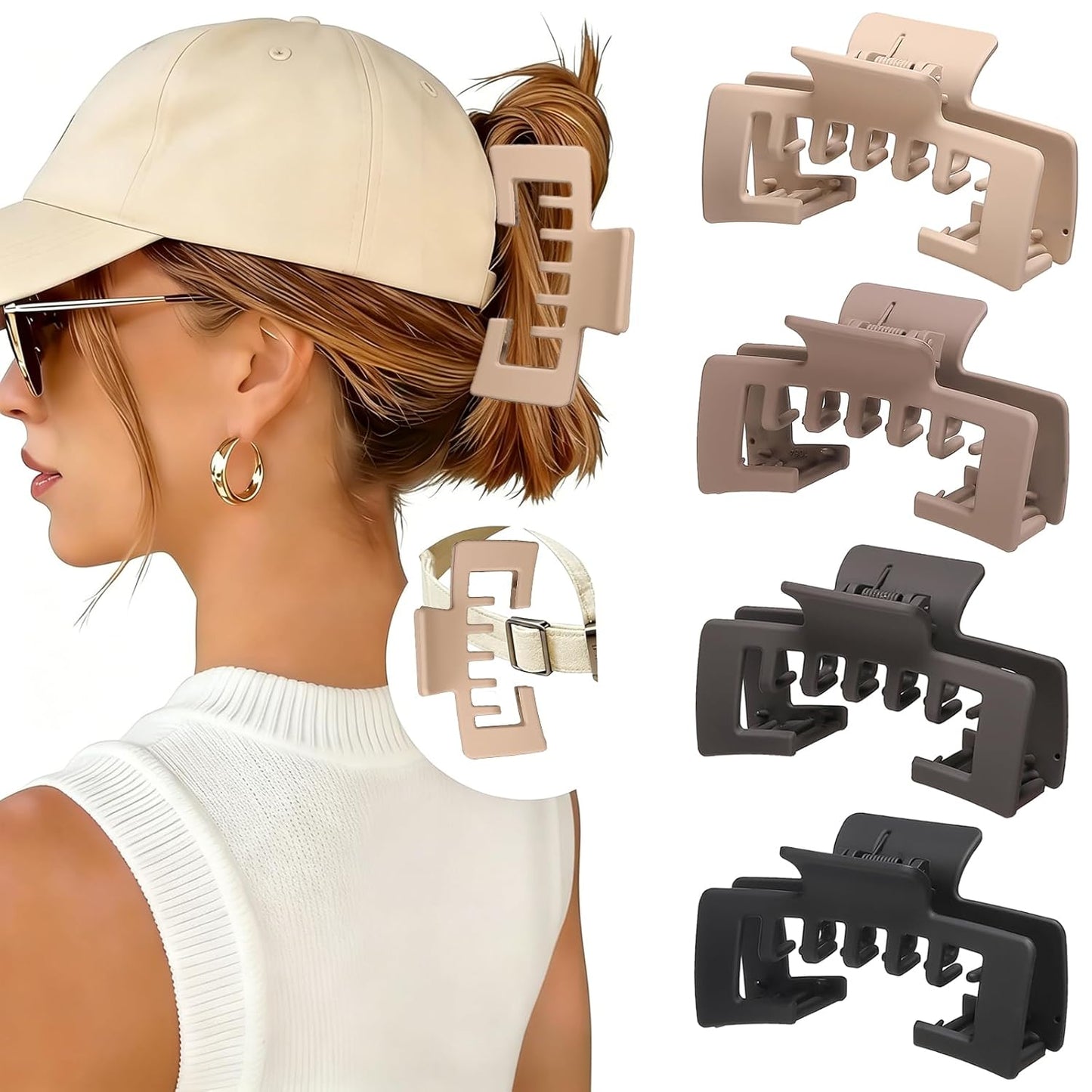 Hat-Friendly Claw Clips for Baseball Caps | 4-Pack Strong Hold Matte Hair Accessories for Women - Perfect for Thick or Thin Hair