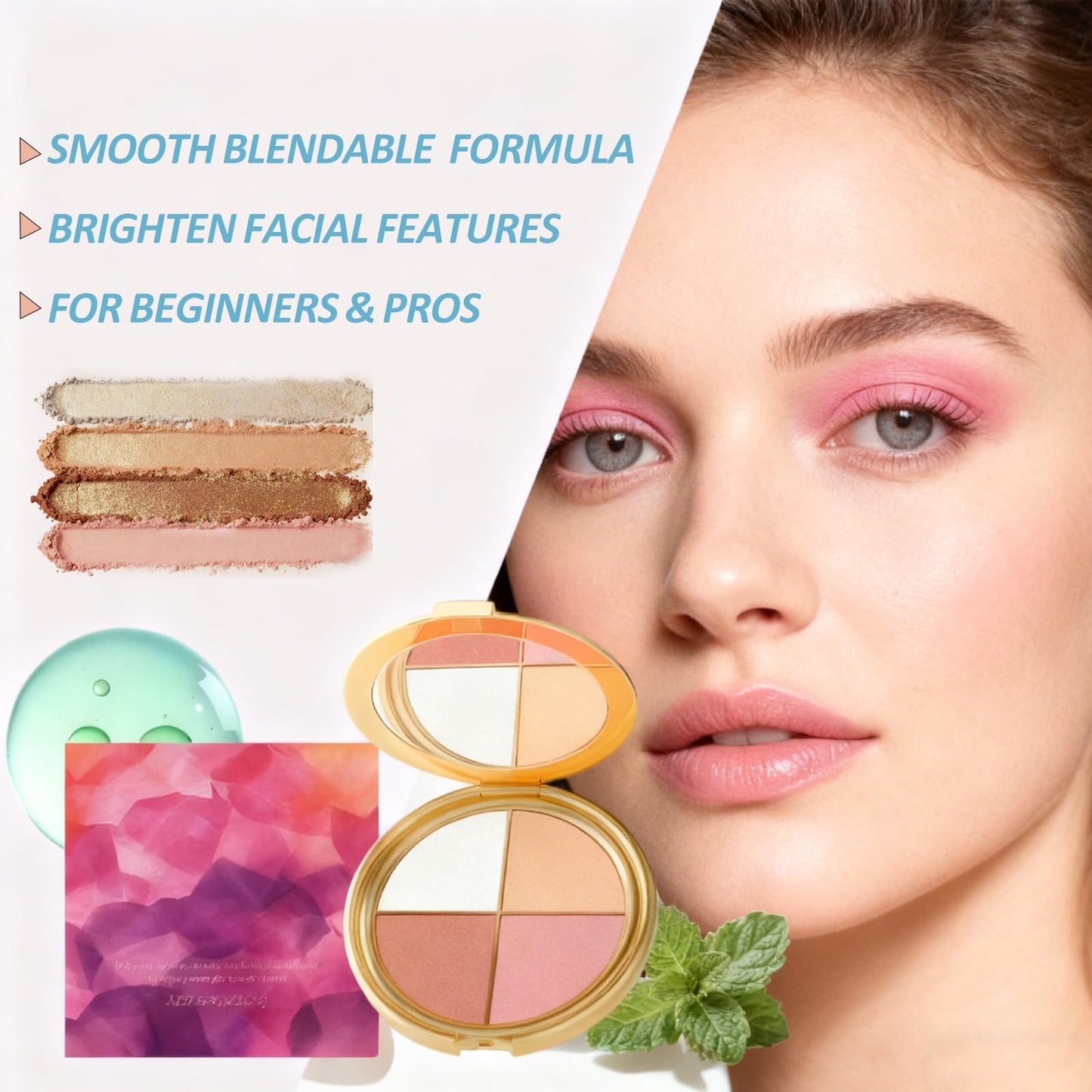 Eye & Cheek Palette - 4-in-1 Highlighter and Blush Palette, Travel-Friendly Compact Makeup Palette for Glow, Long-Lasting Blendable Shades