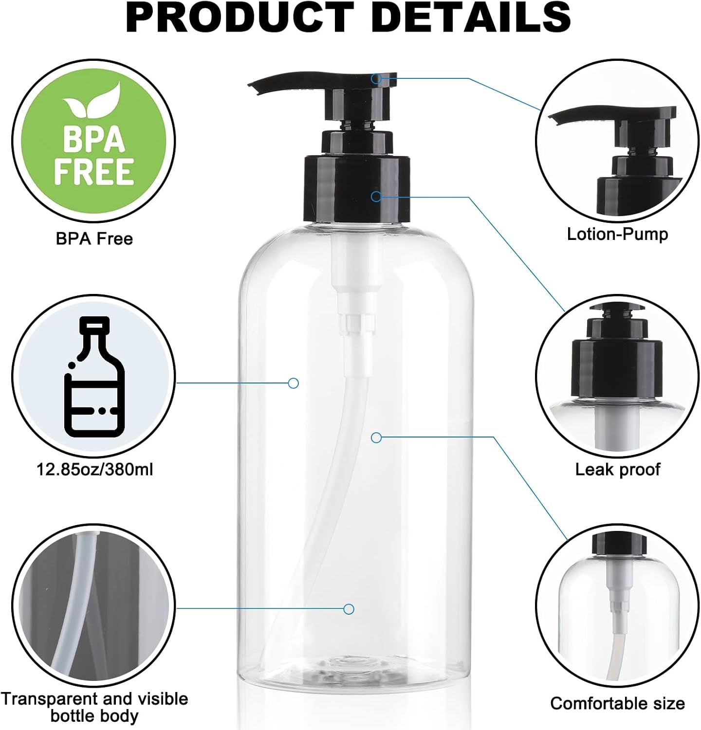Refillable Pump Bottles - 12.85oz Clear BPA-Free Plastic Dispenser for Shampoo, Lotion & Soap | 2 Pack