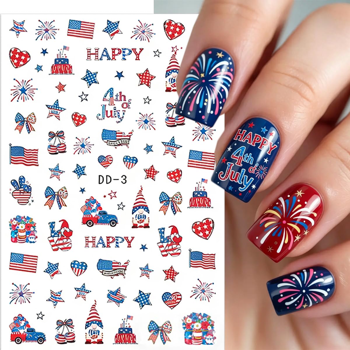 6 Sheets 4th of July Nail Stickers 250th Anniversary Patriotic Nail Decals Self-Adhesive American Flag Firework Gnome Nail Design Independence Day Stickers for Women DIY Manicure Decor