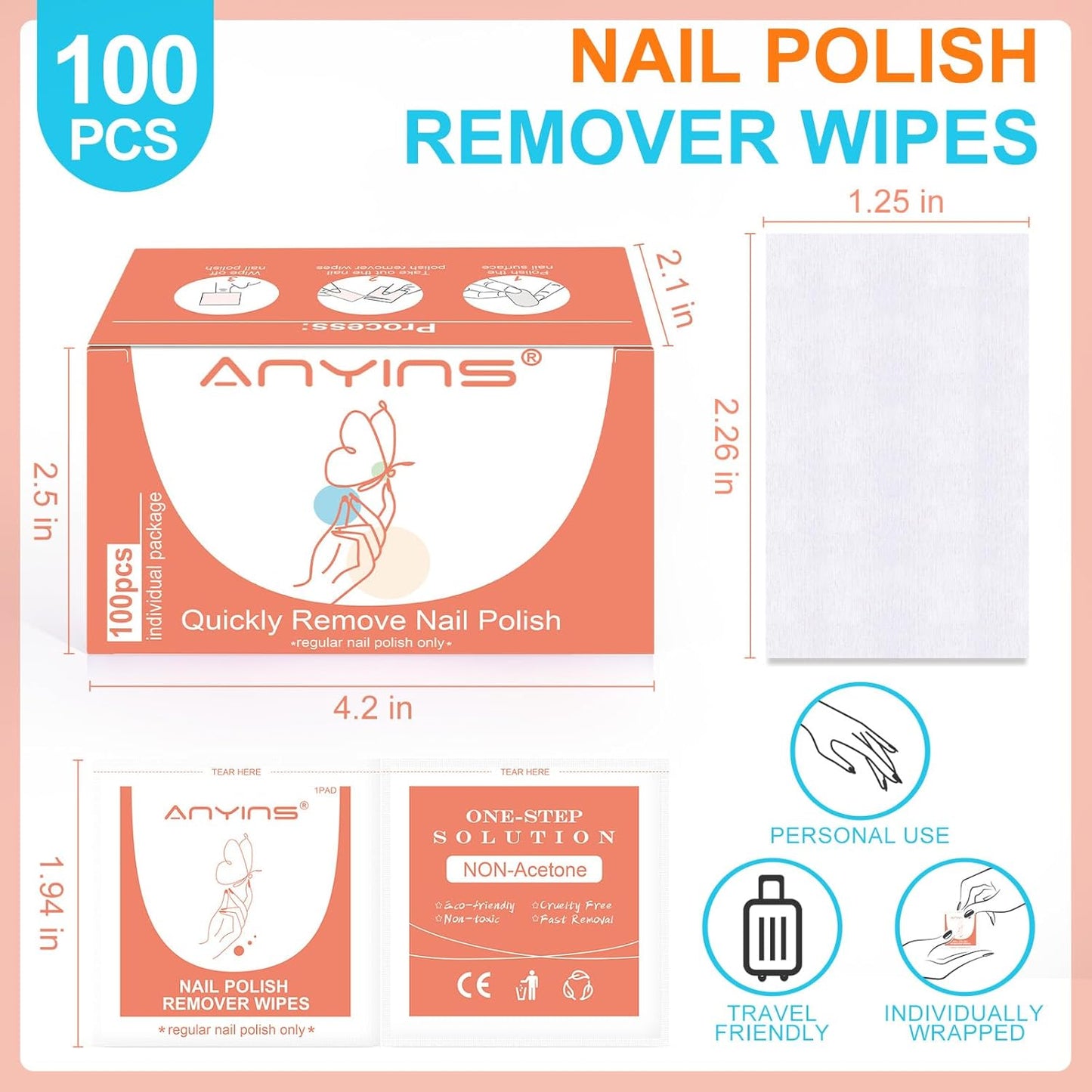 Nail Polish Remover Pads - 100PCS Non-Toxic Wipes with Nourishing Oil | Individually Wrapped for Salon & Travel Use