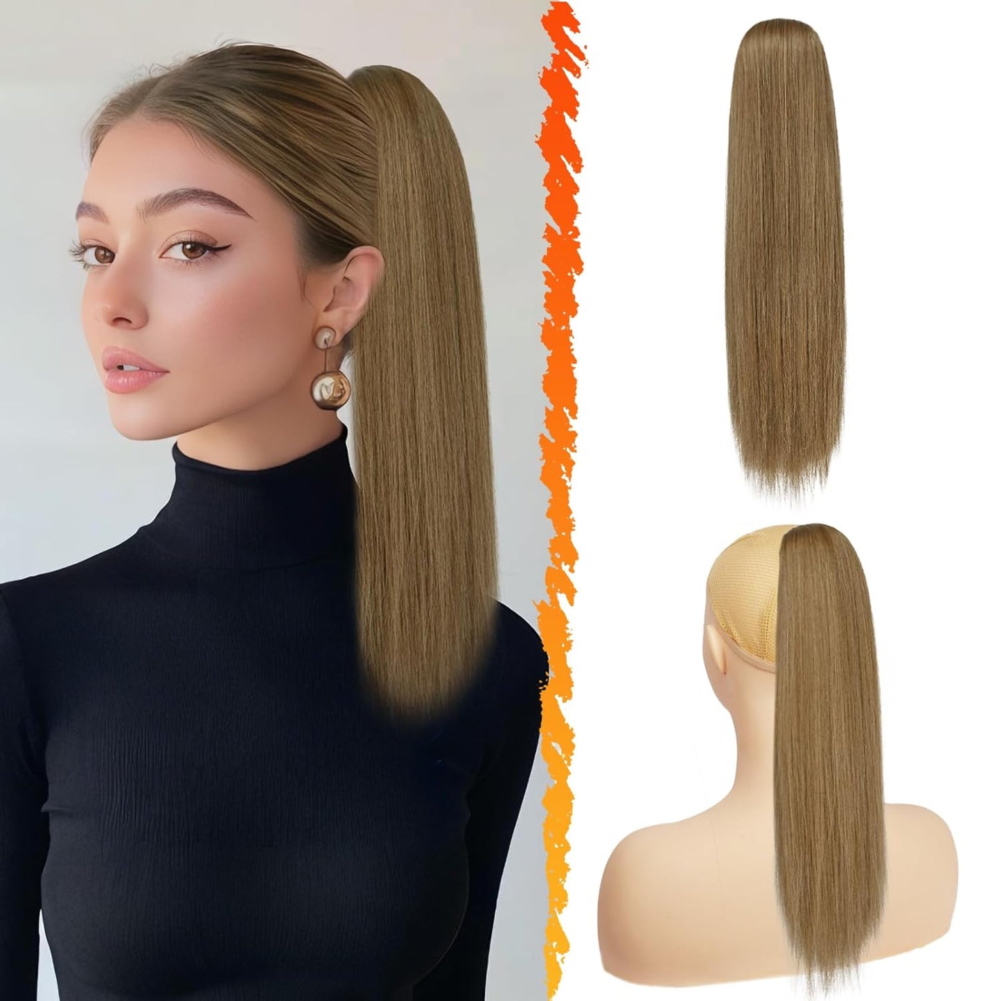 Long Straight Ponytail Extension - 26 Inch Brown Synthetic Clip-In Hairpiece for Women | Light Brown Mixed