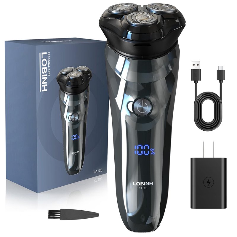 Men's Electric Shaver - LOBINH 3D Rechargeable Waterproof IPX7 Wet & Dry Shaving Electric Razor Rotary Shaver for Men with Pop-up Sideburn Trimmer,1 Hour Fast Charging, LCD Power Indicator - PA188