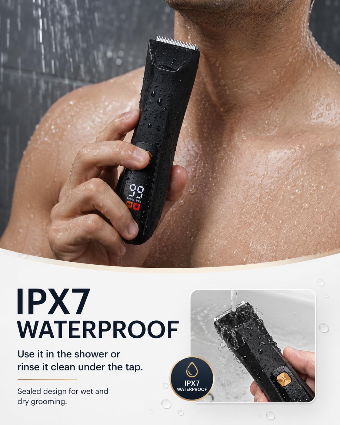 QUUQ Trimmer for Men - Body Hair Trimmer for Men -SkinSafe- Manscape - Ball Trimmer Men with Display & Light - IPX 7 Rated Waterproof Groomer kit for Groin Rechargeable with Ceramic Blades with 5 Kit
