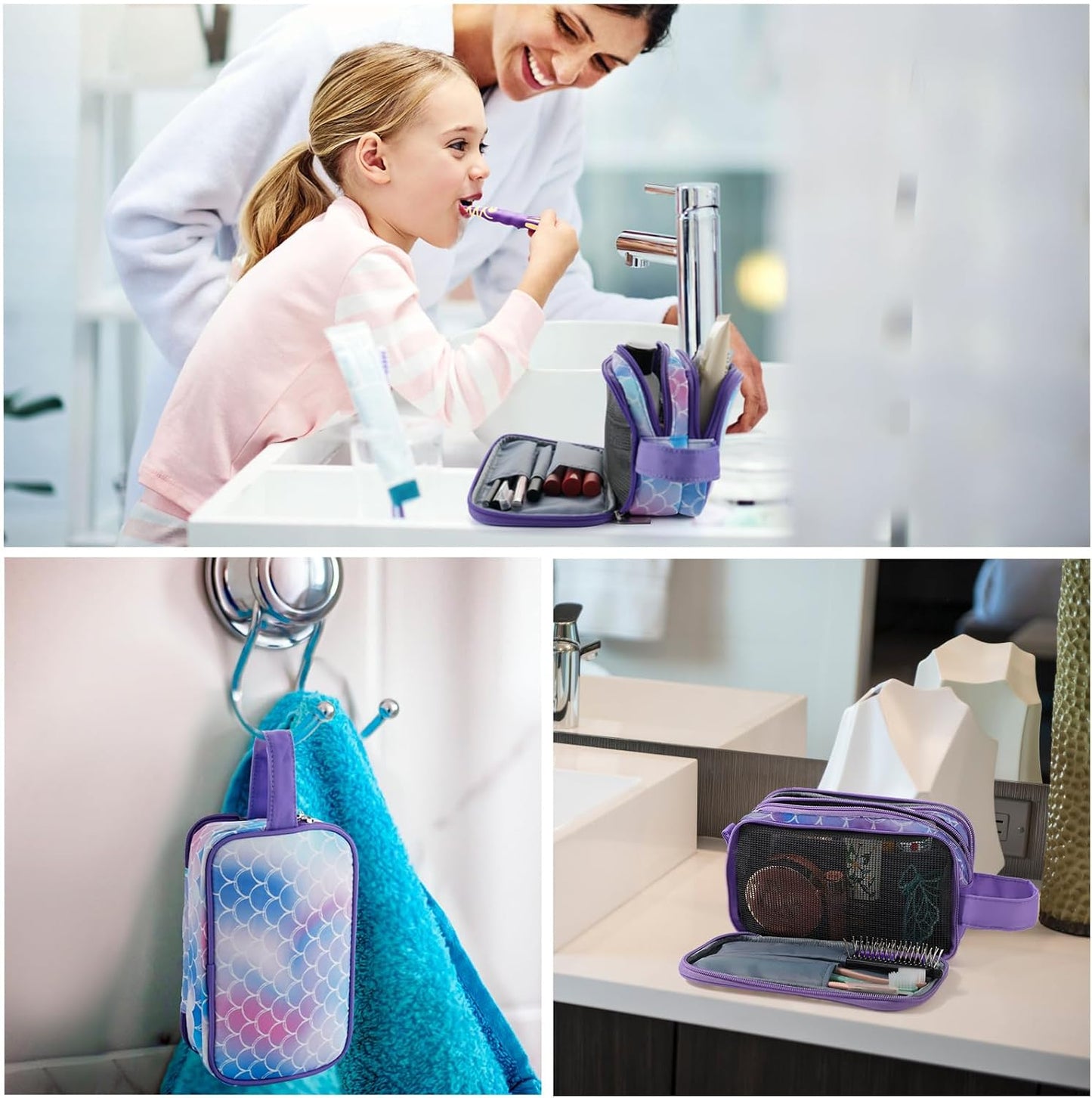 Kids Toiletry Bag - Waterproof Mermaid Scales Travel Cosmetic Bag for Girls | Hanging Wash Bag