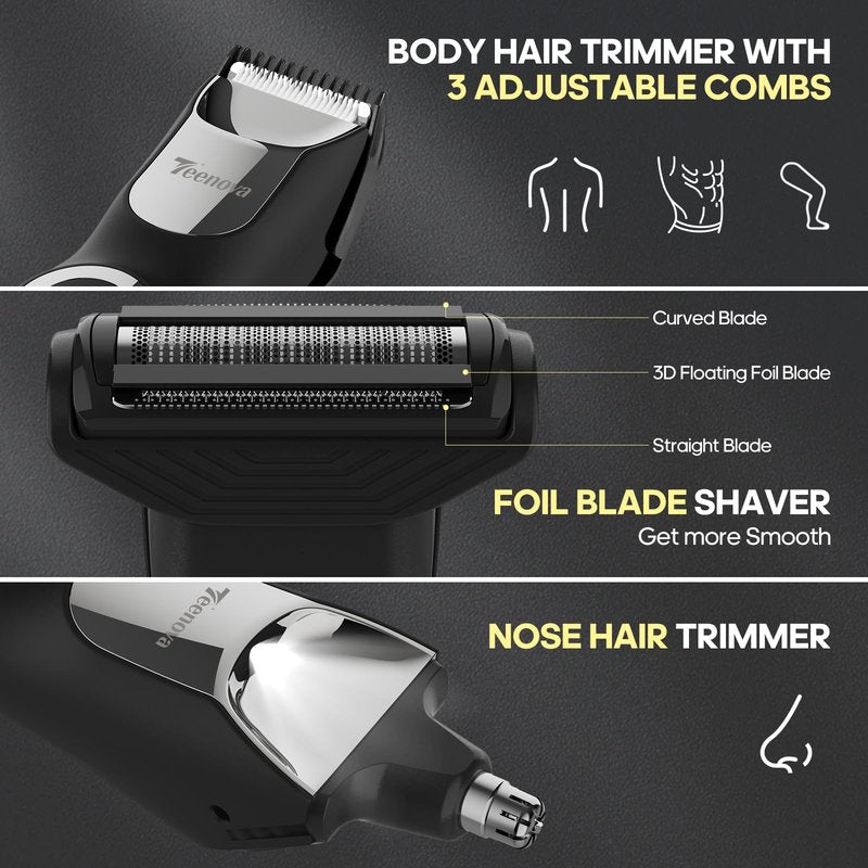TEENOVA Manscape Body Hair Trimmer for Men, No Nick Pubic Bikini Trimmer for Women, 3 in 1 Versatile Groin Shaver with Nose Hair Trimmer, Cordless Dock Charging, LED Display, Wet/Dry Grommer (Silver)
